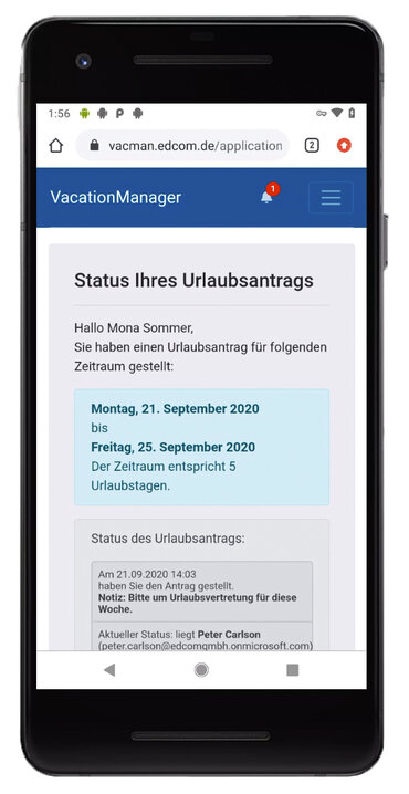 Urlaubsantrag in mobile Ansicht im Vacation Manager